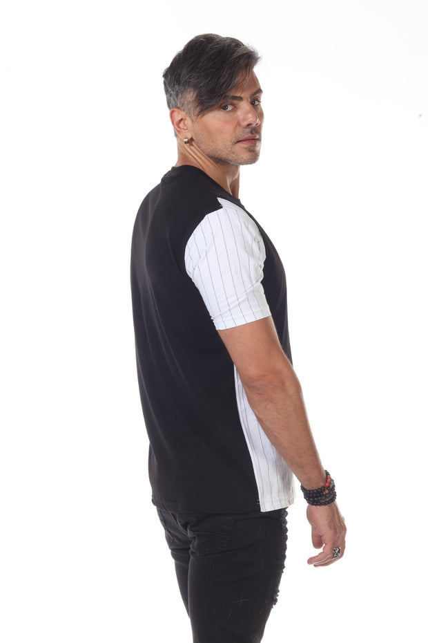 Black Fashion T shirt With Pinstripes and Button