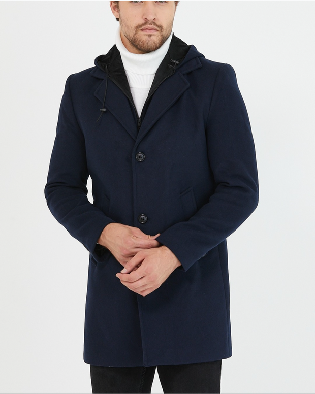 [Drew] Navy -Single Breasted 100% Wool Pea Coat With Removable Hood