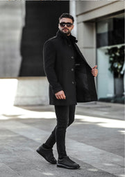 [Tommy] Black-Single Breasted 100% Wool Pea Coat