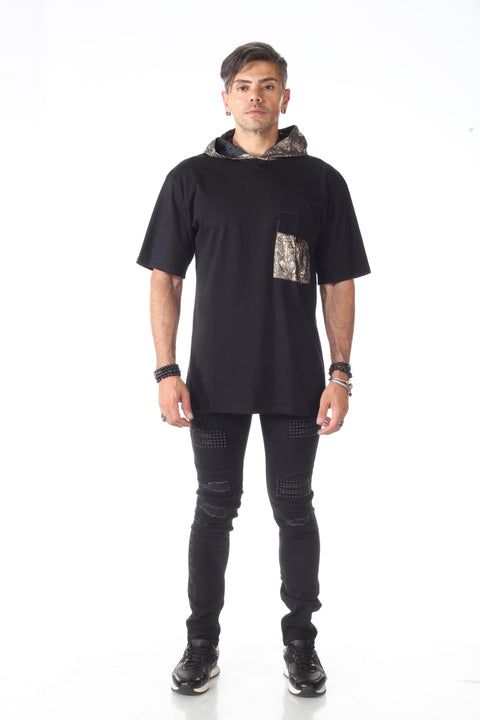 Black Oversize T-shirt With Foil Hoodie And Pocket