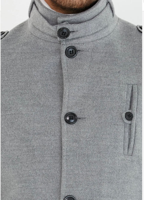 [Tommy] Grey-Single Breasted 100% Wool Pea Coat