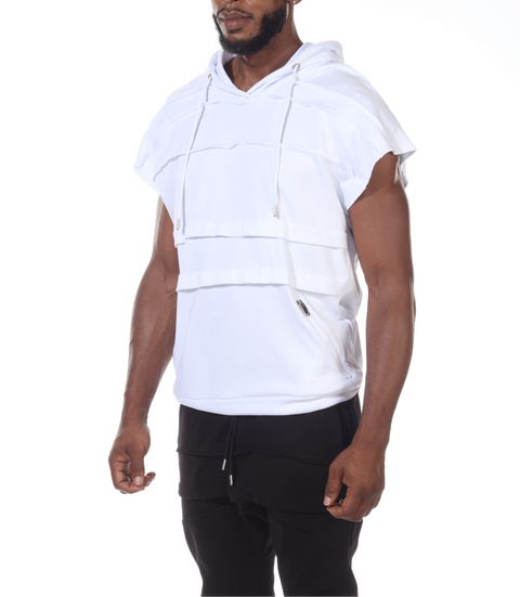 White Oversize Sleeveless Hoody With Layer Stitching Going Across Chest