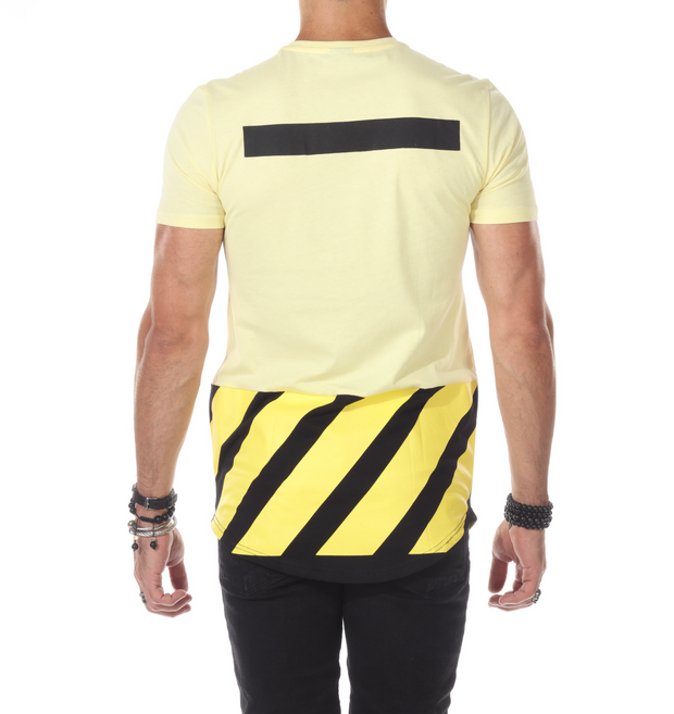 Yellow Tshirt With Black and Yellow Stripe, Cut And Saw on Bottom Of Tshirt With a scoop Finish