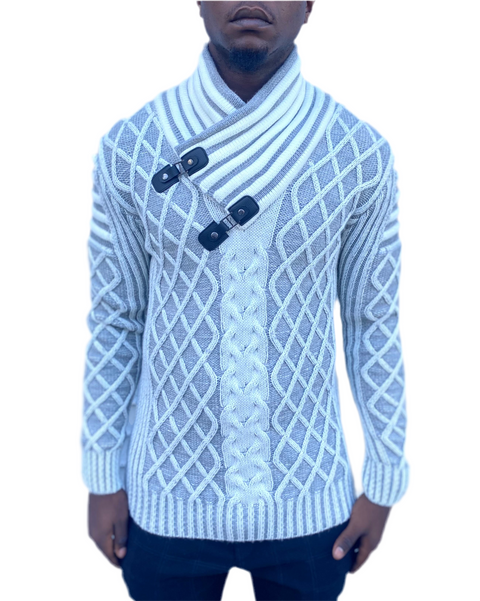 White Shawl-Collar Sweater Pull Over with Double Buckle On Neck