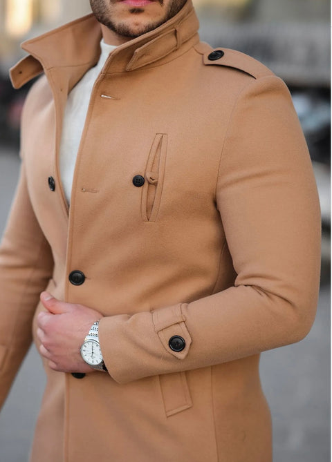 [Tommy] Beige -Single Breasted 100% Wool Pea Coat