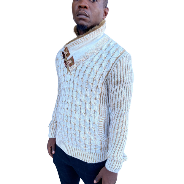 “Ezra” White Wool Shawl Collar Sweater with Fur and Leather Wood Buttons
