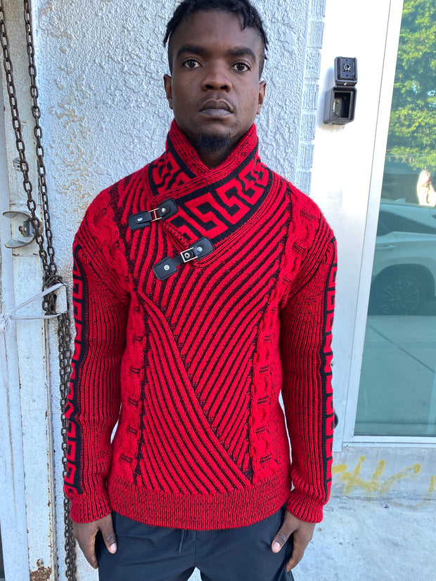 "Stephan" Red Long Sleeve Sweater Pull Over with Buckle On Neck