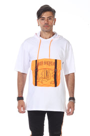 White Oversize Hoodie Tshirt With Orange Neon Front Pocket and straps