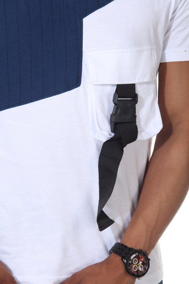 White & (Available In Black)Tshirt With Navy Blue Pin Stripes With Strap On Pocket