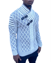 White Shawl-Collar Sweater Pull Over with Double Buckle On Neck