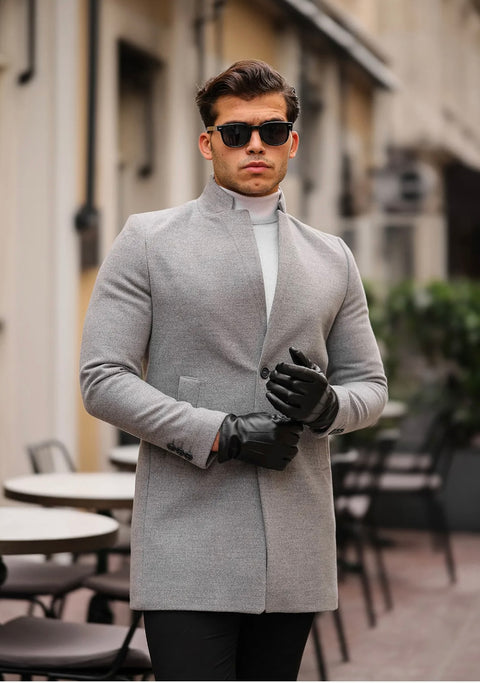 [Adam] Light Grey -Single Breasted 100% Wool Pea Coat