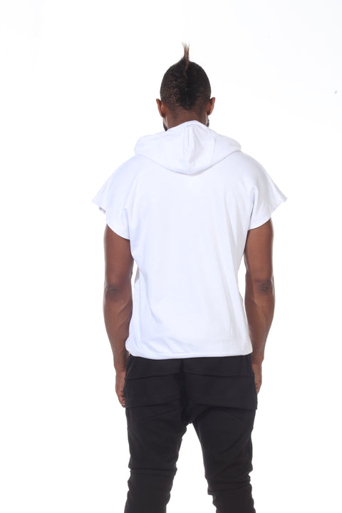 White Oversize Sleeveless Hoody With Layer Stitching Going Across Chest