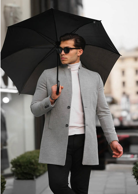 [Adam] Light Grey -Single Breasted 100% Wool Pea Coat