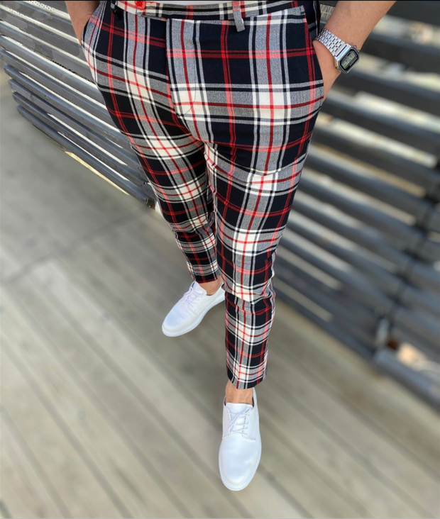 PLAID SLIM FIT CHINO PANTS