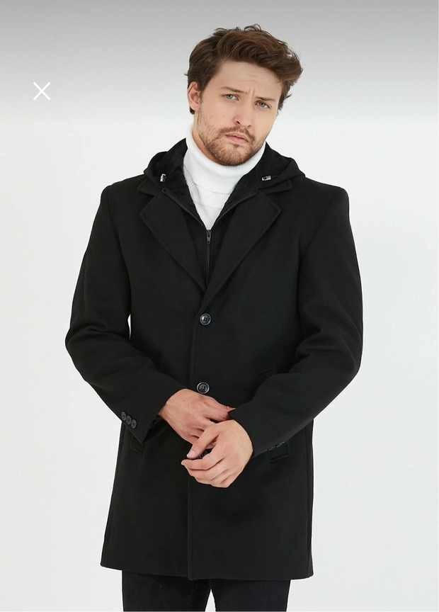 [Drew] Black-Single Breasted 100% Wool Pea Coat With Removable Hood