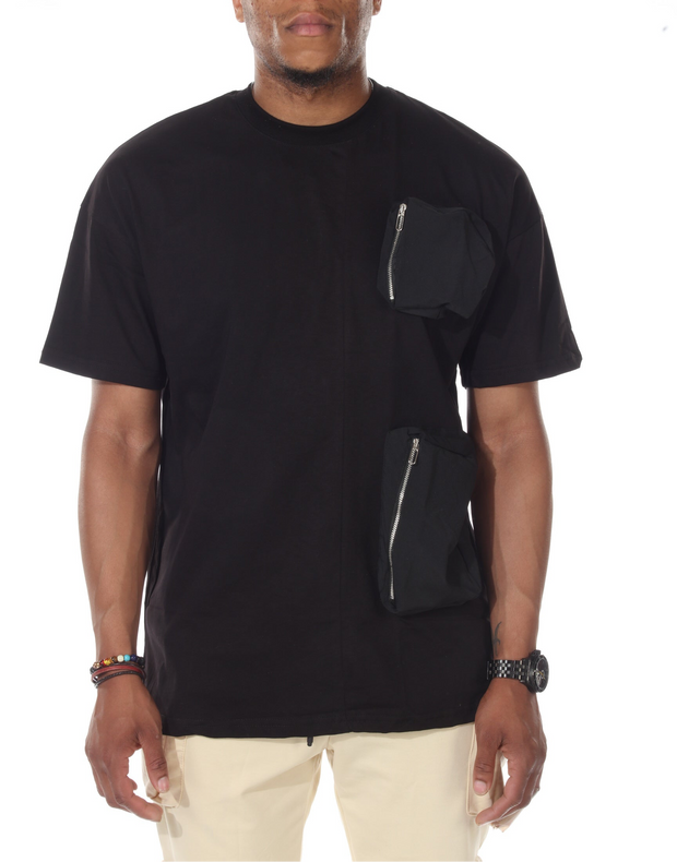 Black Oversize Fashion T shirt With Double Pockets with Zip