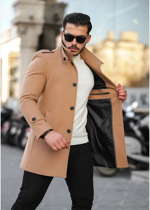 [Tommy] Beige -Single Breasted 100% Wool Pea Coat