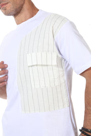 WHITE HALF STRIPE WITH POCKET FASHION T-SHIRT