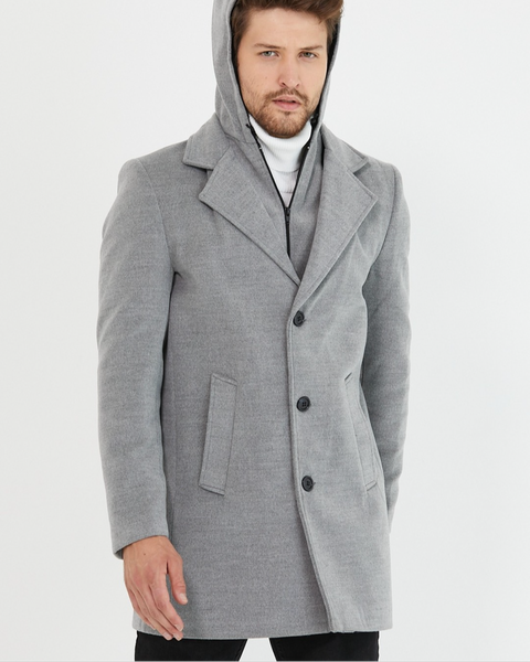 [Drew] Light Grey -Single Breasted 100% Wool Pea Coat With Removable Hood