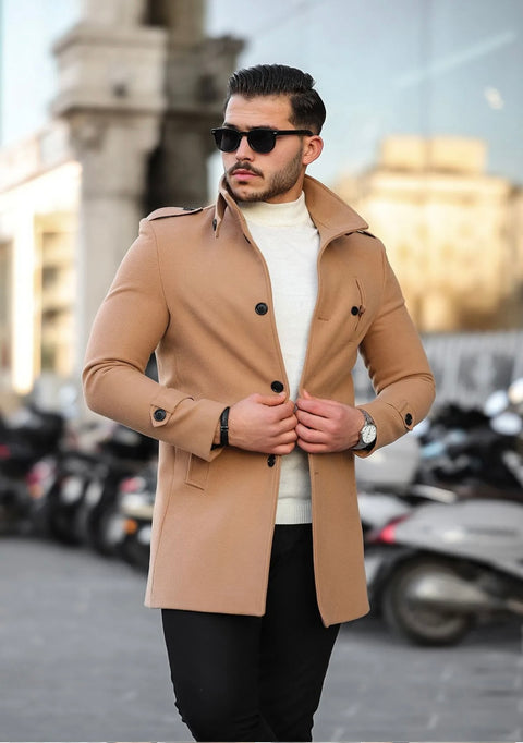 [Tommy] Beige -Single Breasted 100% Wool Pea Coat