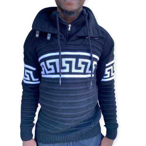 "Alvin" Black Men's Heavy Wool Quarter Zip Sweater
