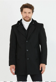 [Drew] Black-Single Breasted 100% Wool Pea Coat With Removable Hood