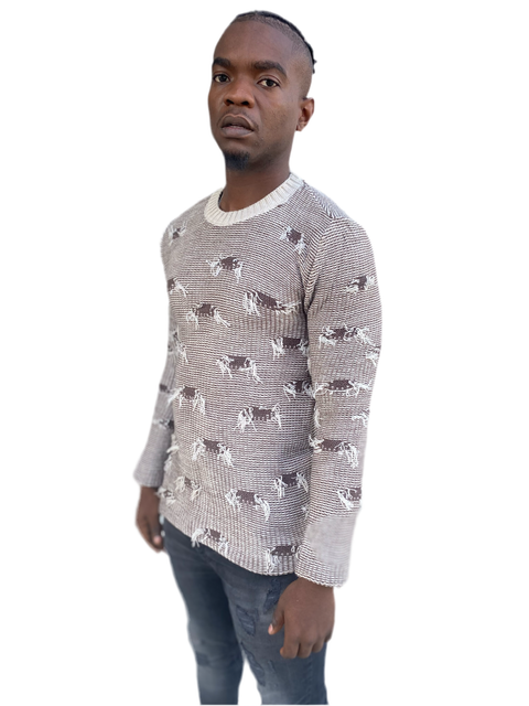 "Ervin" Coffee Light Weight Crew Neck Knitted With a Distressed Look