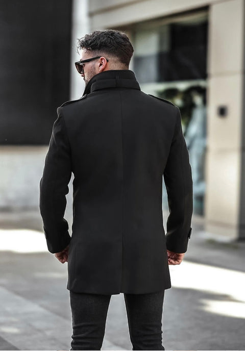 [Tommy] Black Single-Breasted Pea Coat -100% Wool