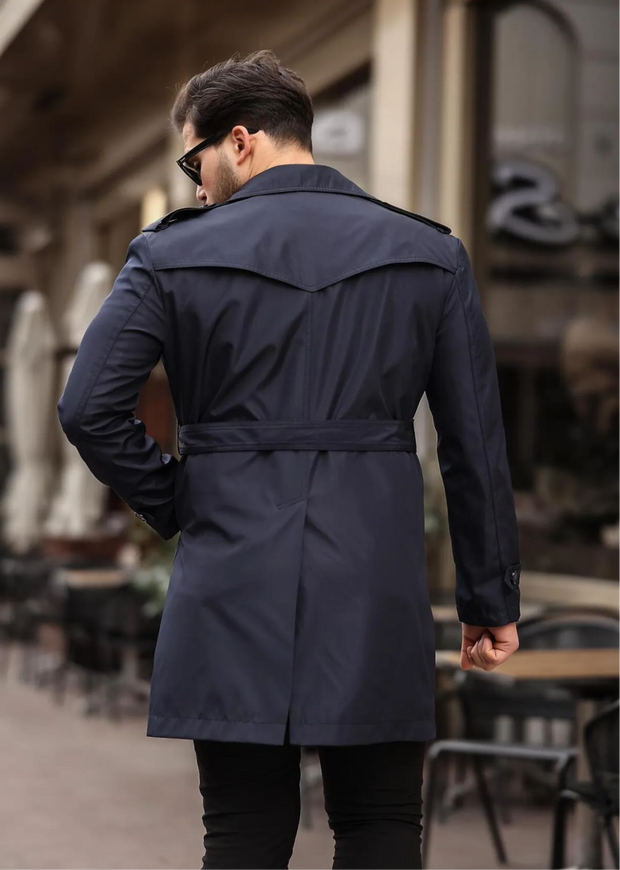 [Chicago]-Navy Double Breasted Water Repellent Trench Coat