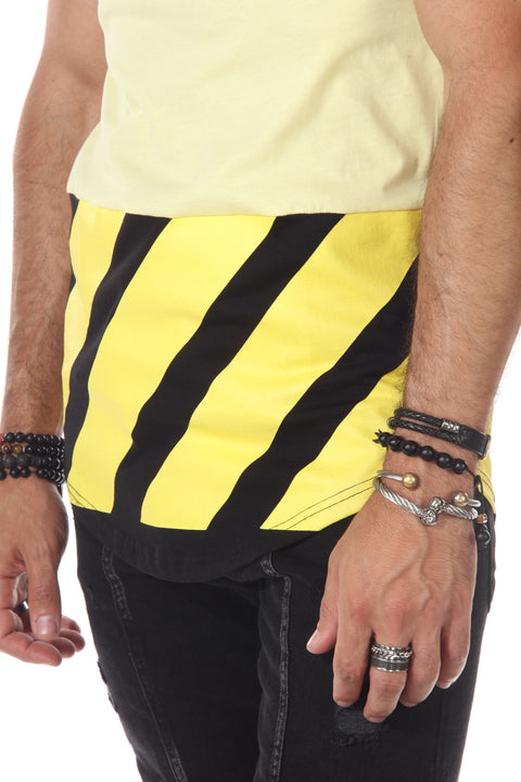 Yellow Tshirt With Black and Yellow Stripe, Cut And Saw on Bottom Of Tshirt With a scoop Finish