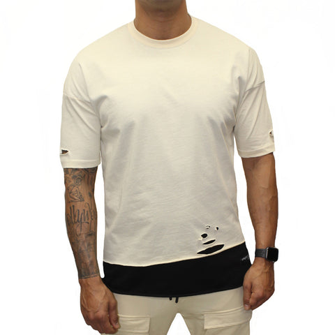 Beige Fashion Distress T shirt With Black Underlayer
