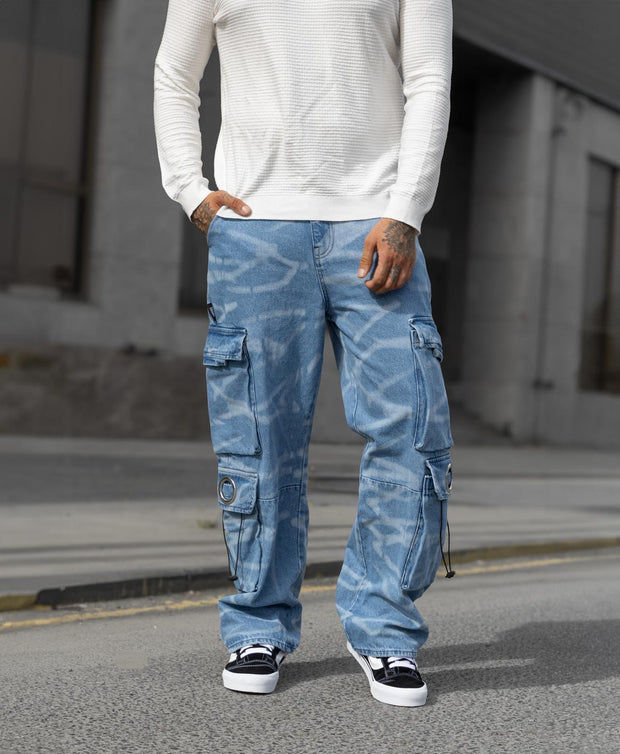 “Billy” Baggy Ring Blue Cargo Jeans with Double Pockets