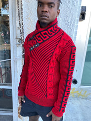 "Stephan" Red Long Sleeve Sweater Pull Over with Buckle On Neck