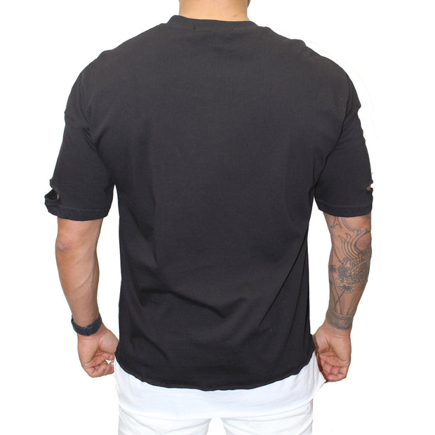 Black Fashion Distress T shirt With White layer Under