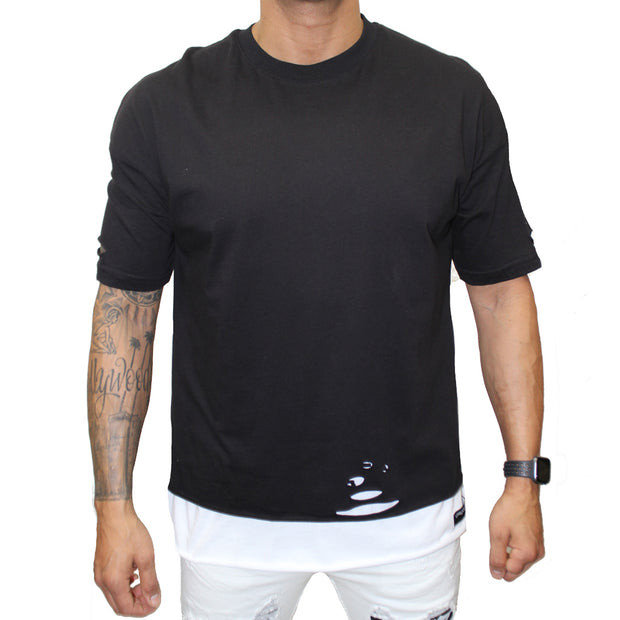 Black Fashion Distress T shirt With White layer Under