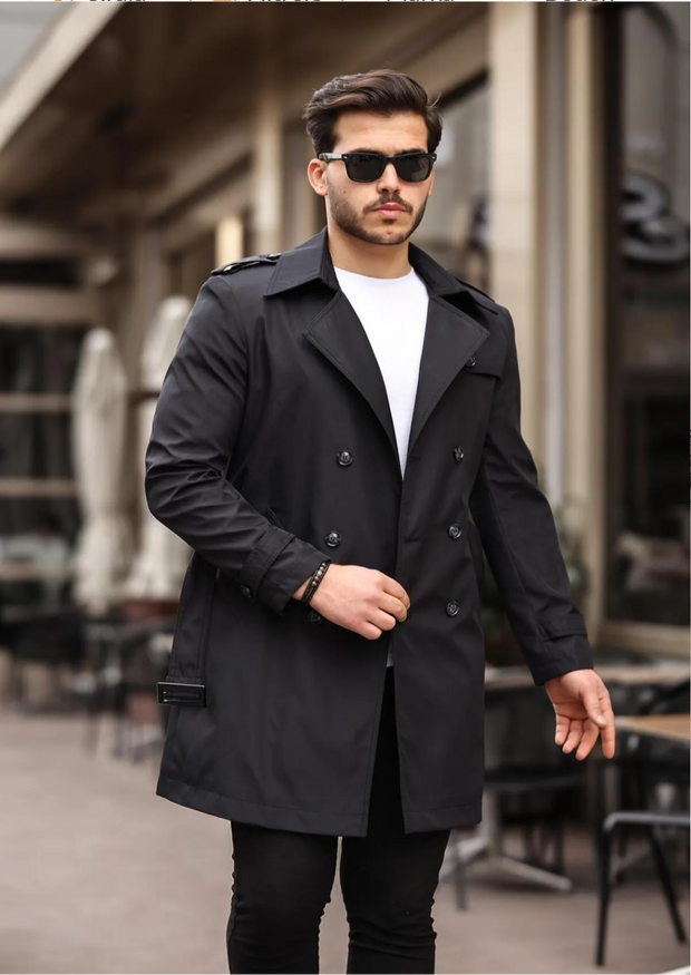 [Chicago]-Black Double Breasted Water Repellent Trench Coat