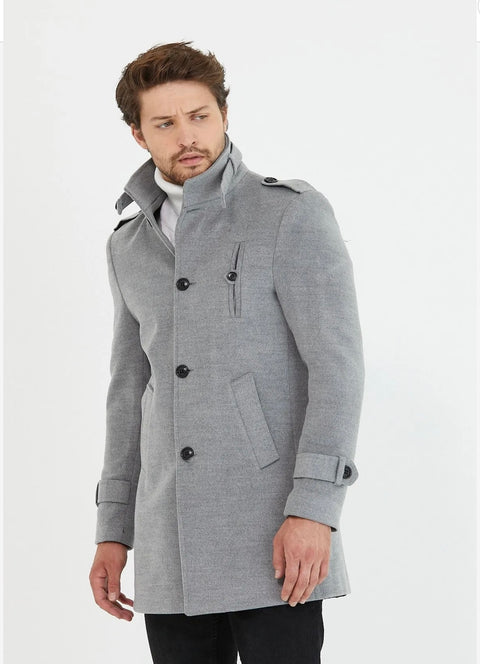 [Tommy] Grey-Single Breasted 100% Wool Pea Coat