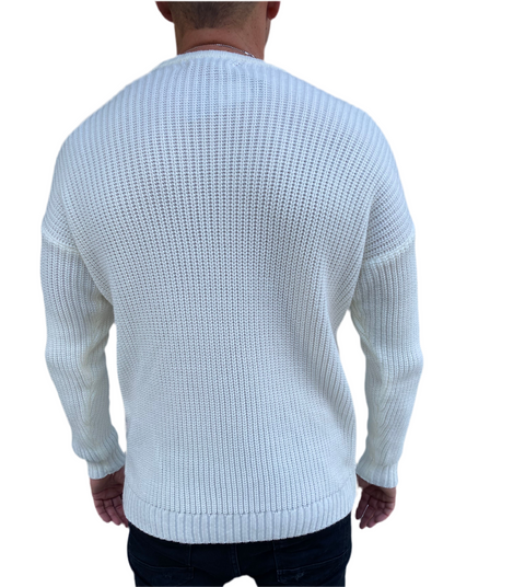 [Marvin] White Distressed Light  Weight Knitted Crew Neck