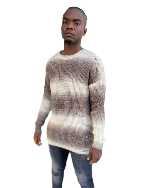 [Goozi] Coffee and Cream Knitted Distressed Crew Neck Light Weight