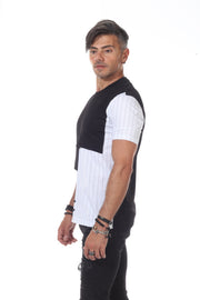 Black Fashion T shirt With Pinstripes and Button