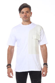 WHITE HALF STRIPE WITH POCKET FASHION T-SHIRT