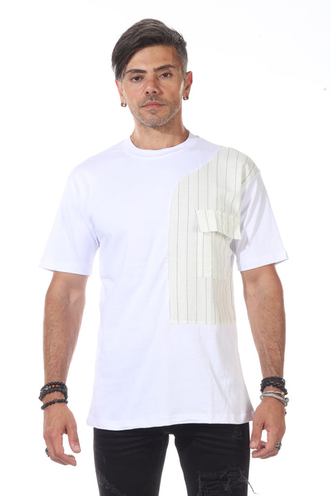 WHITE HALF STRIPE WITH POCKET FASHION T-SHIRT