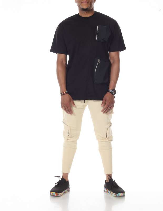 Black Oversize Fashion T shirt With Double Pockets with Zip