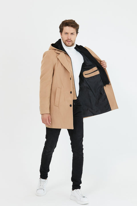 [Drew] Beige Single-Breasted Pea Coat with Removable Hood –100% Wool