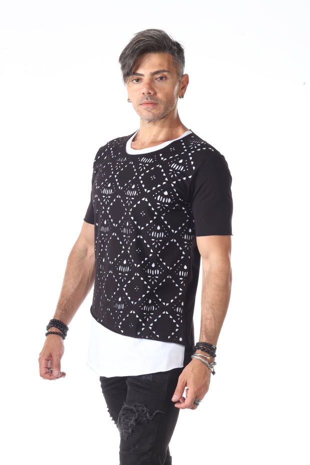 Laser Cut Black Fashion Tshirt With overlay