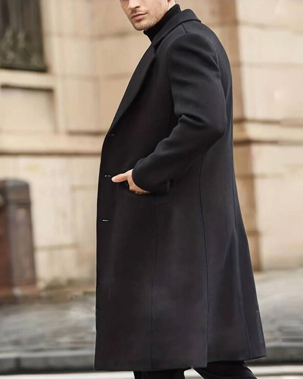 [John Shay] Black-Long Single Breasted 100% Wool Pea Coat