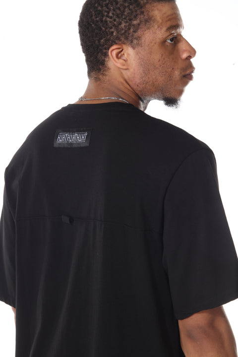 Black Oversize Tshirt with Mesh Fabric  Front Pockets