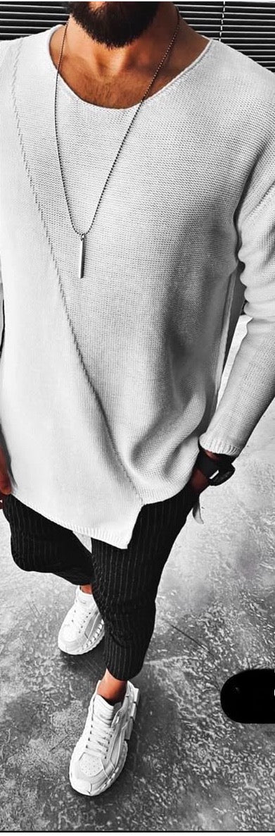 "[Adrian]" White Crew Neck Knitted Light Weight Fashion Sweater