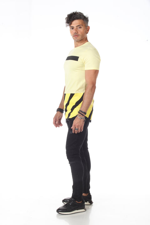 Yellow Tshirt With Black and Yellow Stripe, Cut And Saw on Bottom Of Tshirt With a scoop Finish