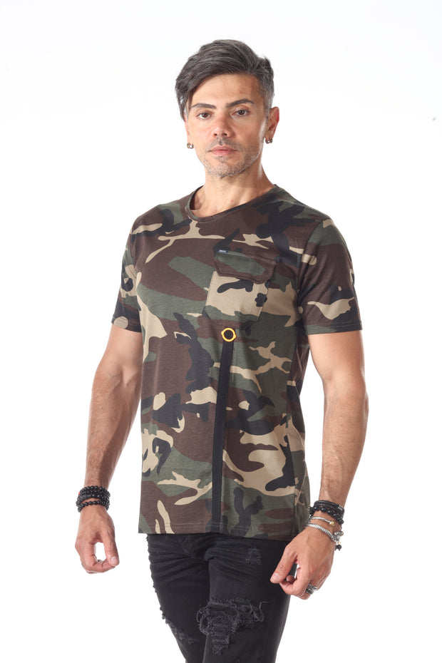 Camo Olive Fashion Tshirt with orange Ring Detail Below Pocket